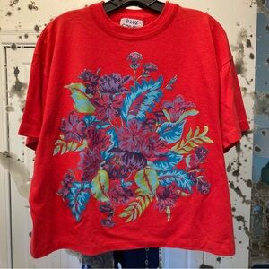 Vintage 90s Floral Crop Top Single Stitch Red Surfer Beach Tee